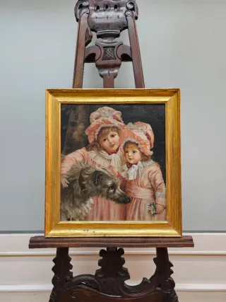 Pintura: 2 Niñas y Perro, Escuela Americana