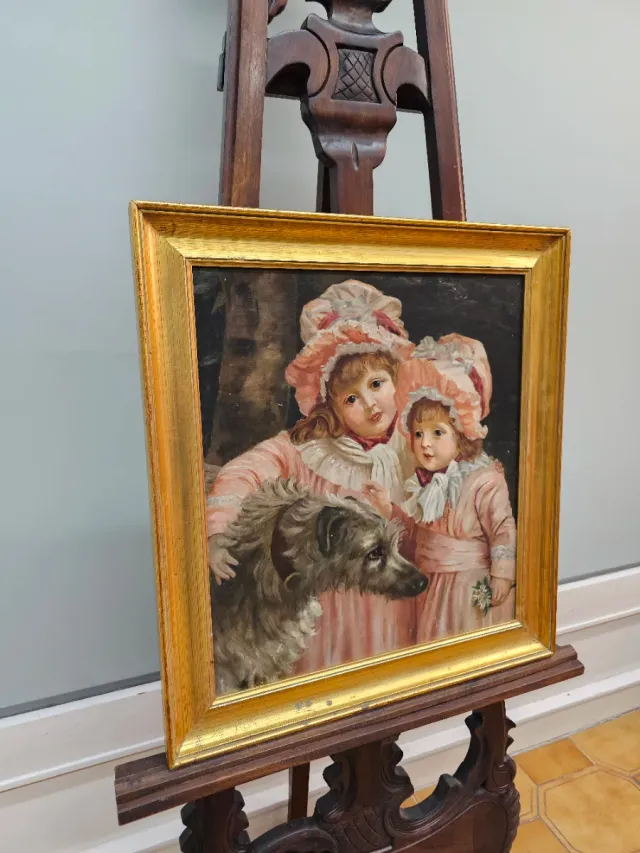 Pintura: 2 Niñas y Perro, Escuela Americana