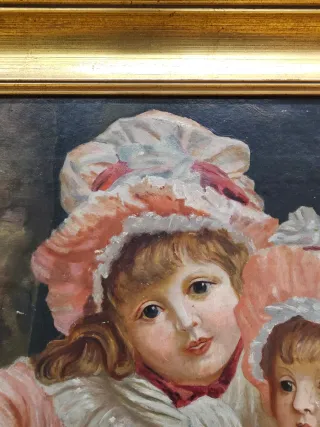 Pintura: 2 Niñas y Perro, Escuela Americana