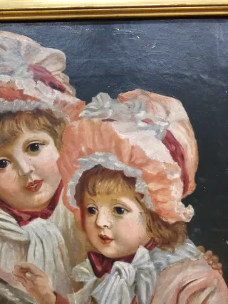 Pintura: 2 Niñas y Perro, Escuela Americana