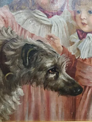 Pintura: 2 Niñas y Perro, Escuela Americana