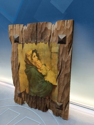 Reproduccion, retablo de madera La Madonna del riposo de Roberto Ferruzi, Virgen Maria y niño