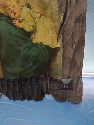 Reproduccion, retablo de madera La Madonna del riposo de Roberto Ferruzi, Virgen Maria y niño