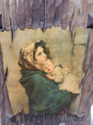 Reproduccion, retablo de madera La Madonna del riposo de Roberto Ferruzi, Virgen Maria y niño