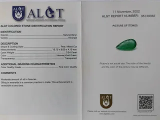 Emerald Smeraldo 3.24 ct a Goccia Certificato ALGT