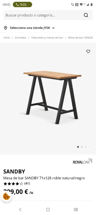 Mesa alta y 4 taburetes Jysk roble en tienda 690