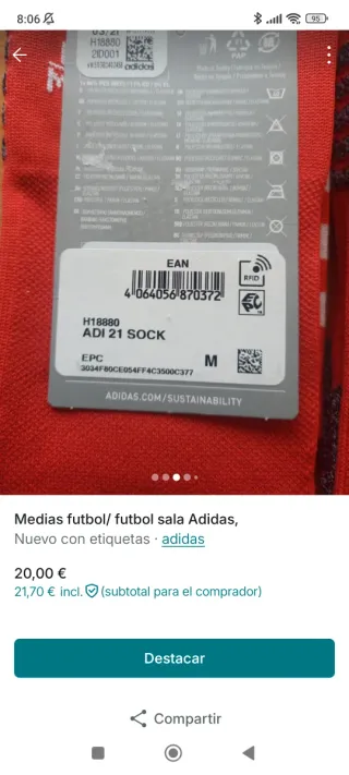 Medias Adidas Fútbol Talla 40-42 Rojas
