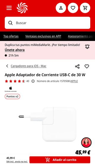 Cargador Apple MacBook 30w