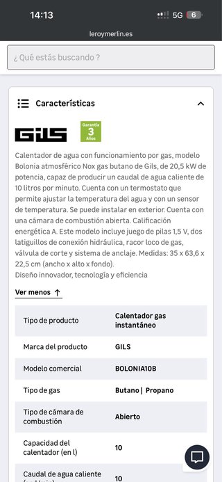Calentador Gas GILS Bolonia atmosferico.