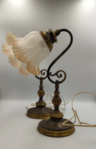 Pareja Lámparas Mesa Retro Cristal Metal