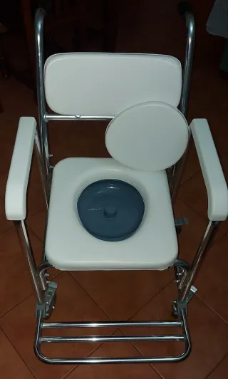 Silla de rueda de ducha con inodoro.