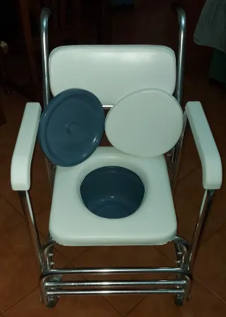 Silla de rueda de ducha con inodoro.