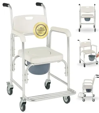 Silla de rueda de ducha con inodoro.