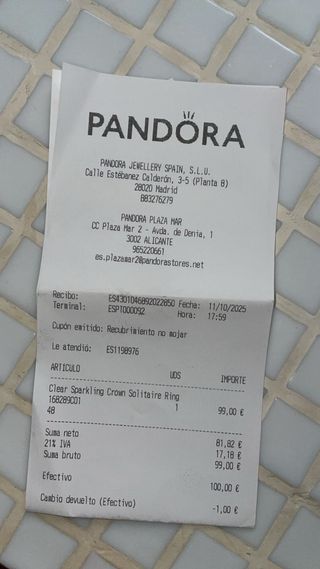 Anillo Pandora Baño Oro 18k