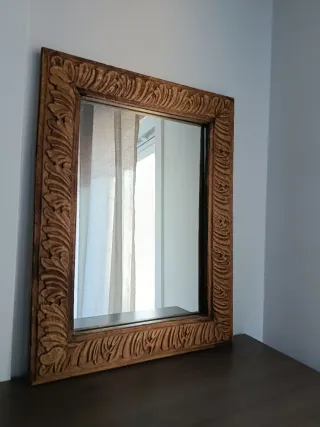 Espejo Marco Madera Tallada Beige Marrón