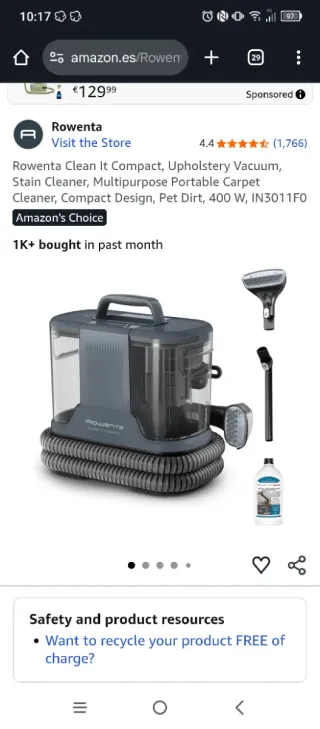 Aspirador tapicerías Rowenta Clean It