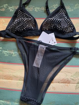 Completo intimo nero tulle strass S