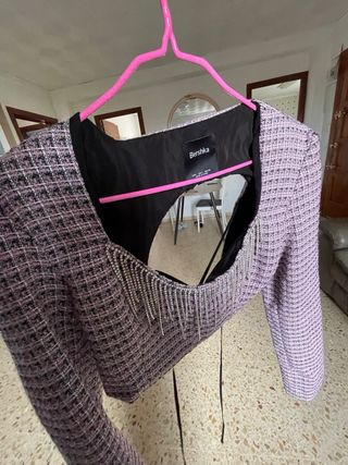 Top Bershka rosa y negro con flecos sin estrenar