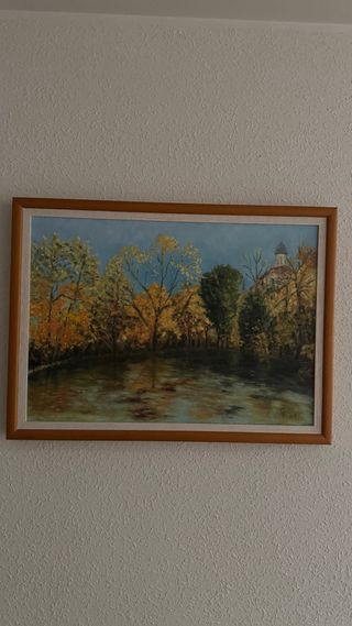 Cuadro paisaje río y edificio