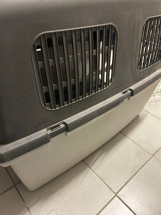 Transportín perro gris y blanco