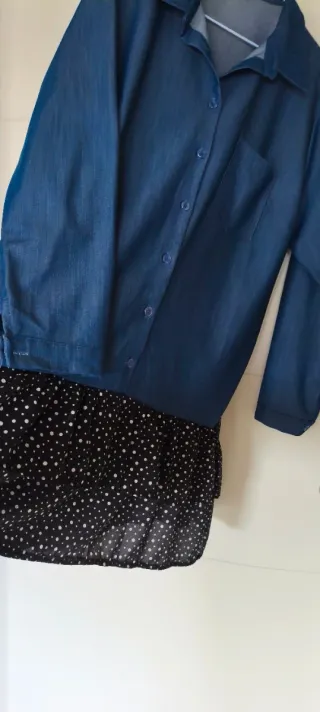 Vestido camisero doble textura. Denim