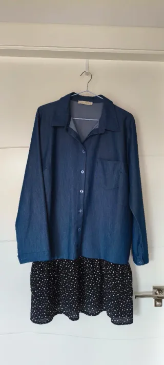 Vestido camisero doble textura. Denim