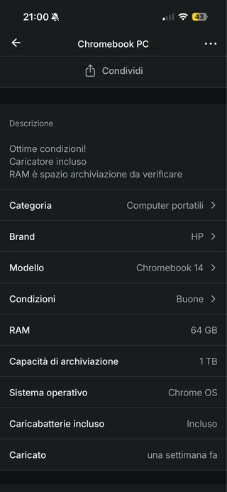 HP Chromebook Argento