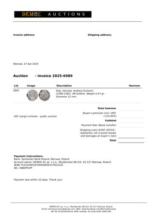 Soldino Argento Venezia Andrea Contarini 1368-1382