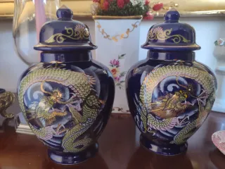 Juego 2 Jarrones Cerámica Azul Dragón Dorado