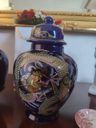 Juego 2 Jarrones Cerámica Azul Dragón Dorado