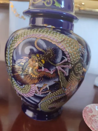 Juego 2 Jarrones Cerámica Azul Dragón Dorado