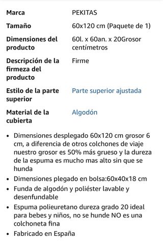 PEKITAS Colchón Cuna Viaje Plegable