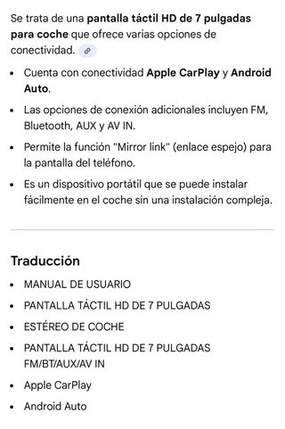 Pantalla Táctil 7 Coche Carplay Android