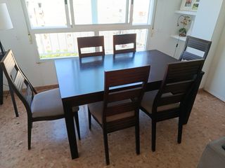 Mesa extensible madera maciza wengue y 6 sillas