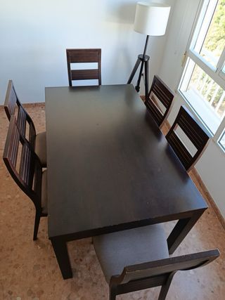 Mesa extensible madera maciza wengue y 6 sillas