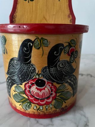 Contenitore Legno Dipinto a Mano Fiori Uccelli