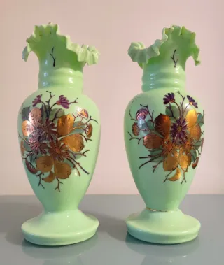 Jarrones Opalina Vintage Flores Doradas