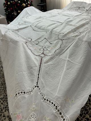 Tovaglia Lino Ricamata Mano Fiori Rosa