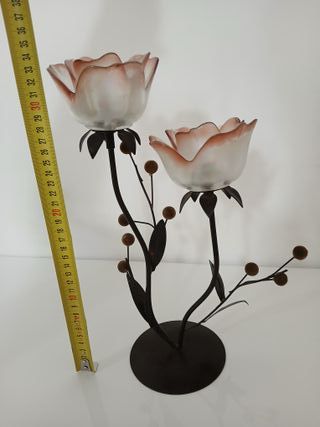 Portacandele floreale in ferro battuto e vetro