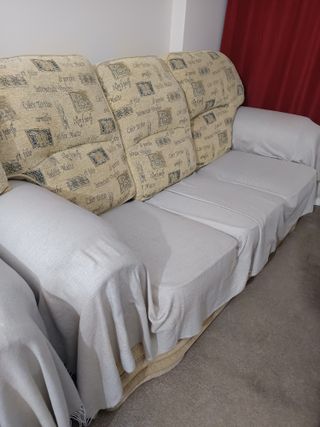 Sofá 3+1+1 tela beige y morado