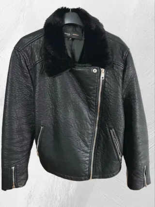 Cazadora Biker Piel Sintética Negra Talla 44