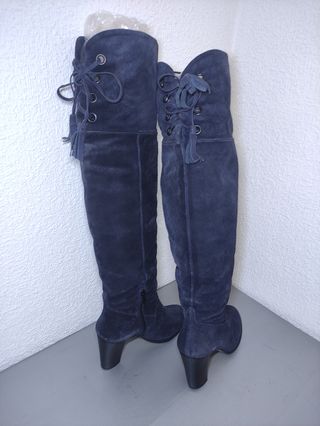 Botas Cortefiel Piel Ante Azul Caña Alta Tacón