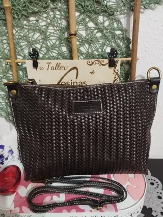 Bolso piel efecto trenzado marrón Genuine leather