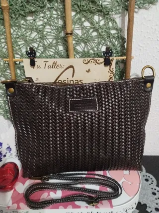 Bolso piel efecto trenzado marrón Genuine leather