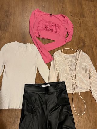 Conjunto 3 Tops y Pantalón polipiel Negro Talla S