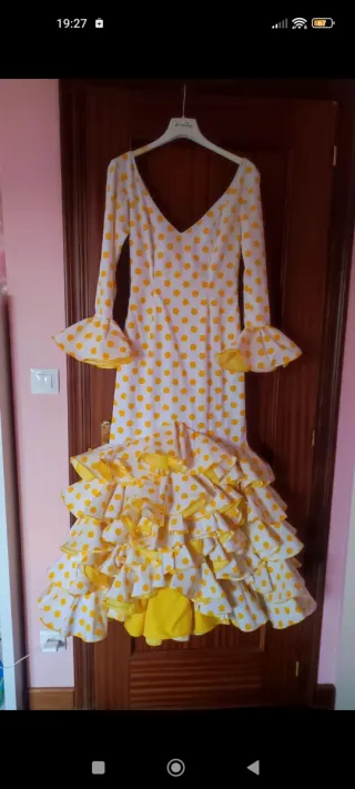 Traje Flamenca Lunares Amarillo Blanco Talla Única