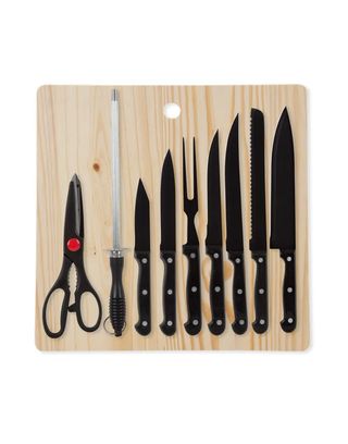 Set coltelli cucina forbici e tagliere in legno