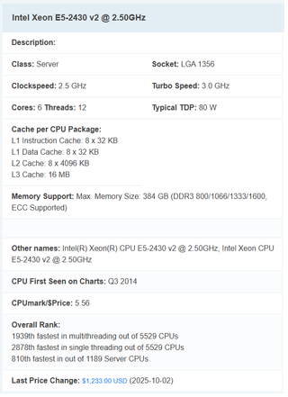 Procesador Intel XEON E5-2430 V2 socket LGA1356