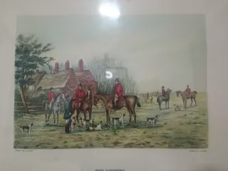 Cuadro Antiguo Caza Caballos Perros