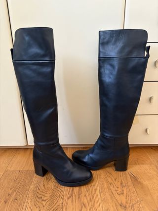 Stivali overknee Zara vera pelle nera tacco largo